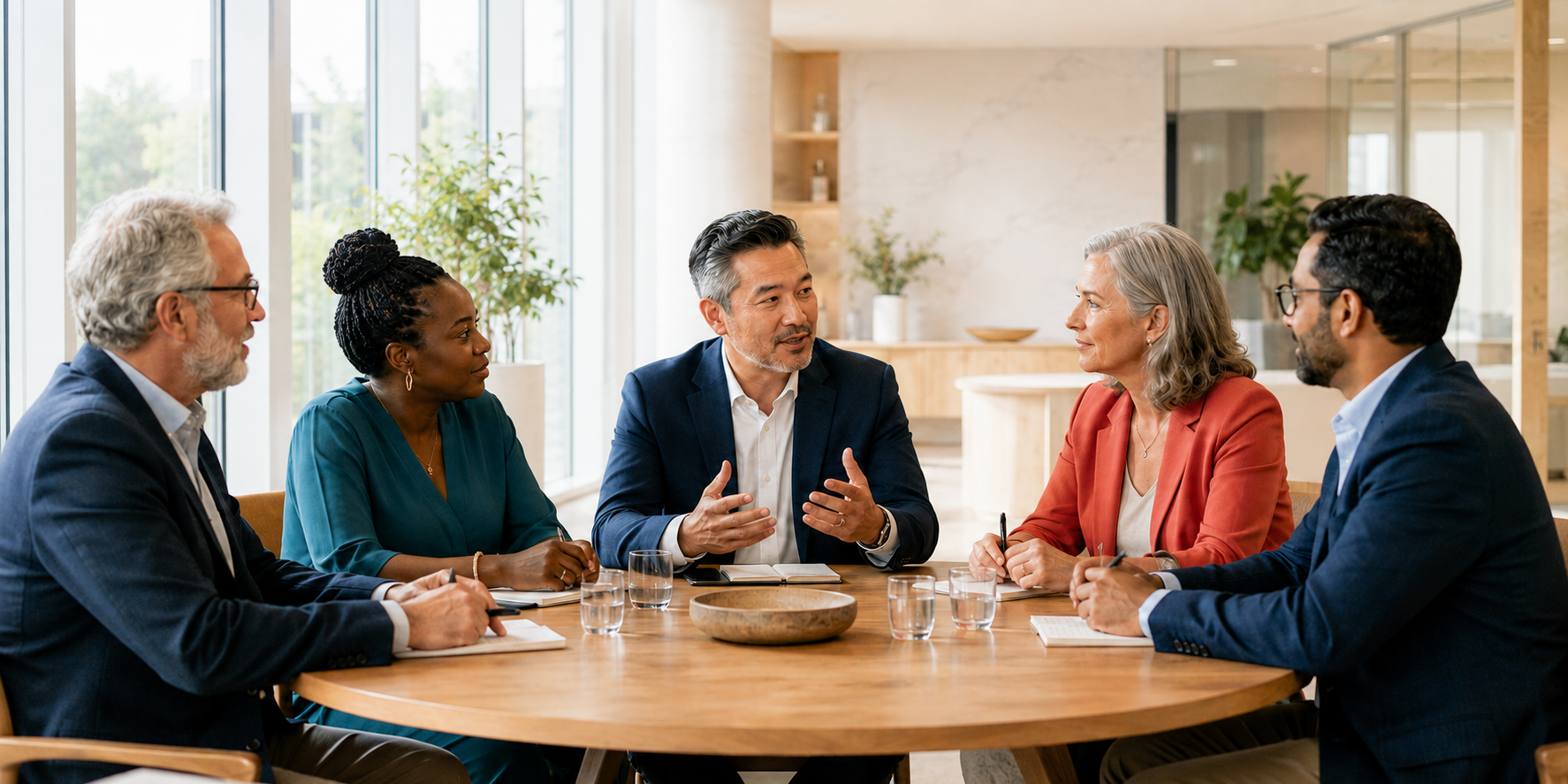 Des gestionnaires en discussion autour d’une table ronde